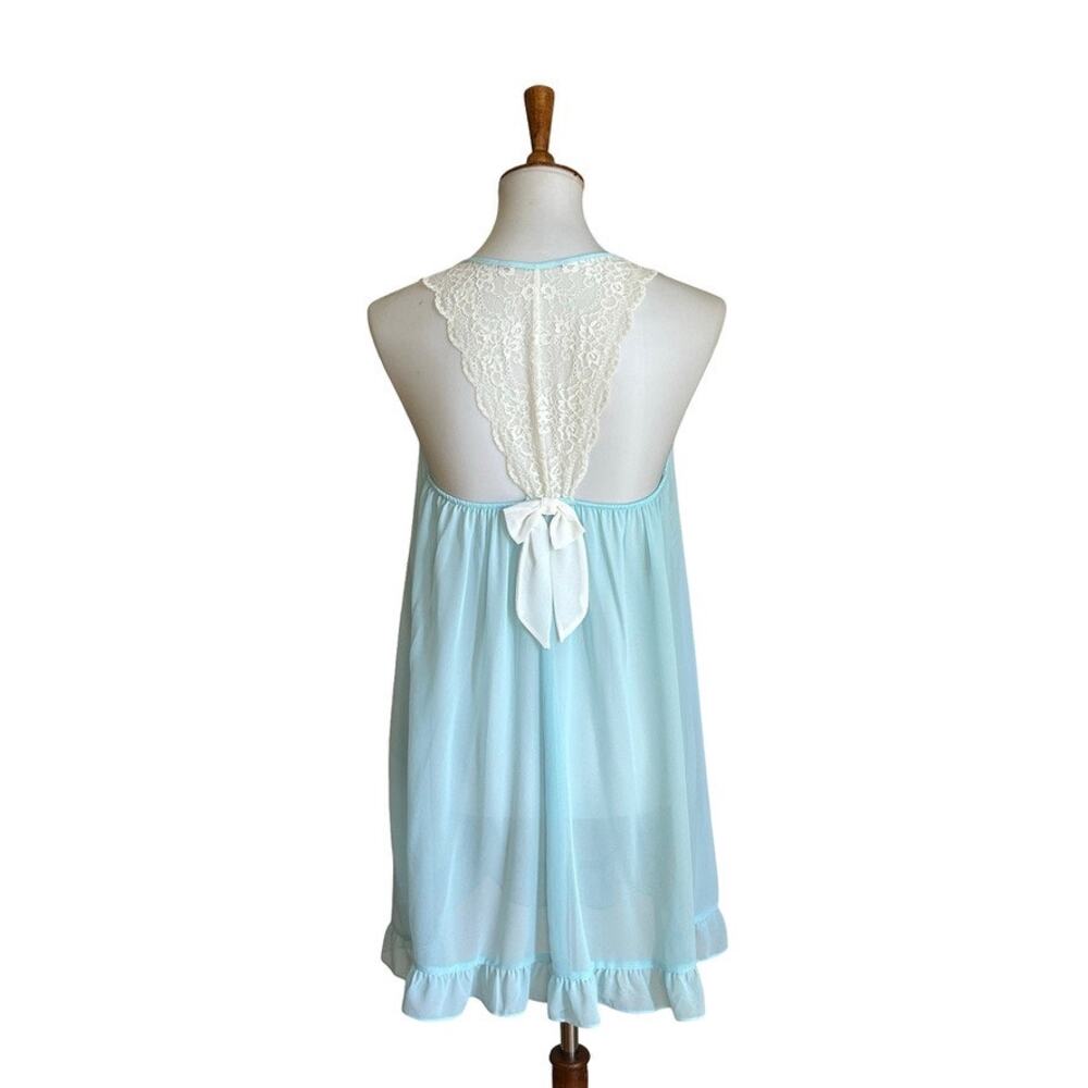 Vintage Style Light Blue Chiffon Nighty Lace Back Bow Ruffle Hem XS S - Picture 2 of 5